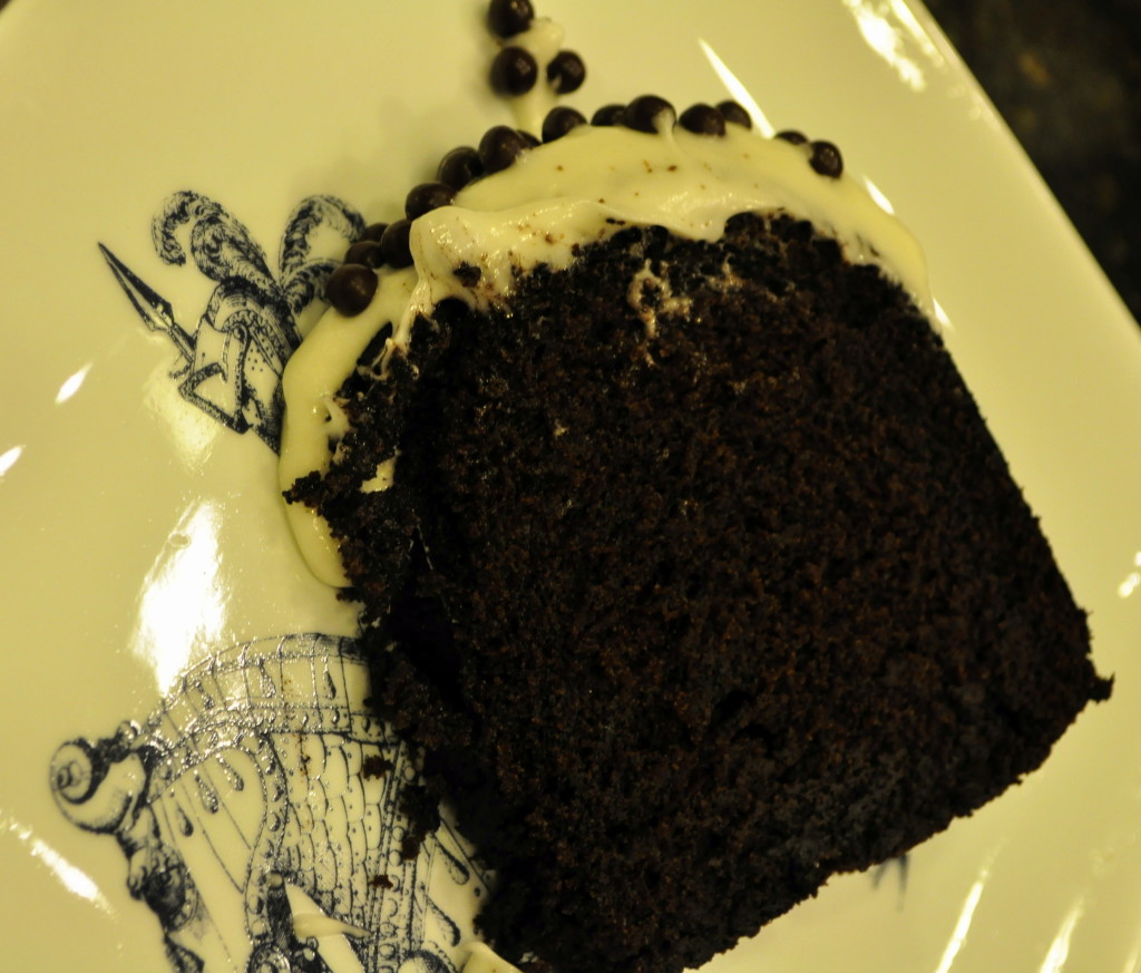 The dark color belies the soft, velvet texture of this delicious cake