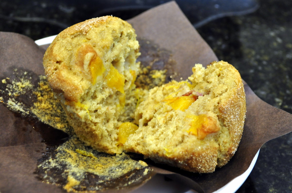 Big, beautiful, delicious muffins studded with peaches!