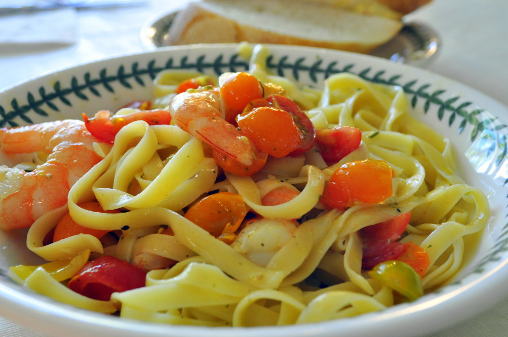 Tomato Vinaigrette tossed with cooled fettuccine and shrimp